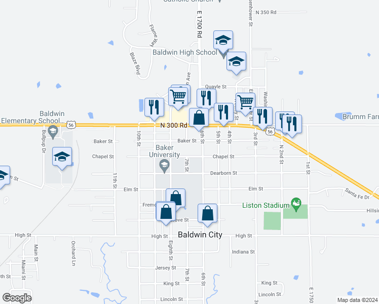 map of restaurants, bars, coffee shops, grocery stores, and more near 700 Chapel Street in Baldwin City