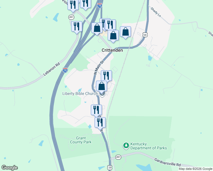 map of restaurants, bars, coffee shops, grocery stores, and more near 185 Harlan Street in Crittenden