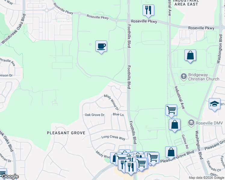map of restaurants, bars, coffee shops, grocery stores, and more near 7960 Foothills Boulevard in Roseville