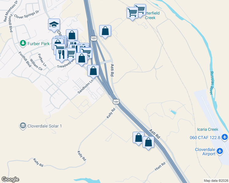 map of restaurants, bars, coffee shops, grocery stores, and more near 1313 South Cloverdale Boulevard in Cloverdale