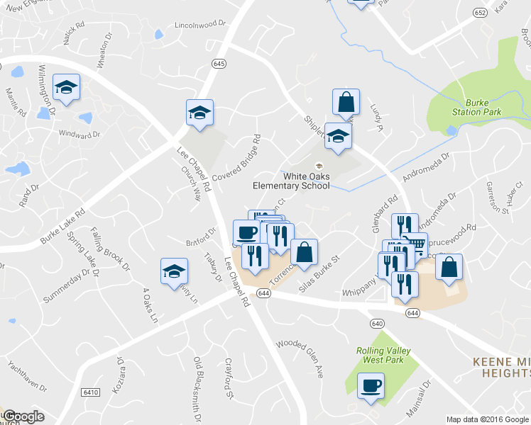 map of restaurants, bars, coffee shops, grocery stores, and more near 9520 Orion Court in Burke