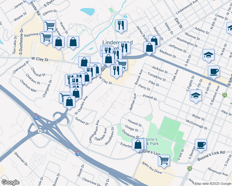 map of restaurants, bars, coffee shops, grocery stores, and more near 747 Cunningham Avenue in Saint Charles
