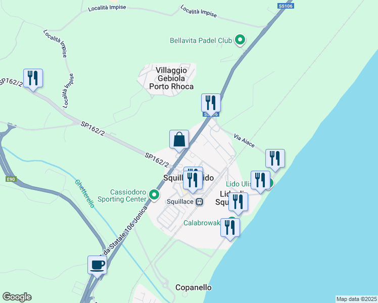 map of restaurants, bars, coffee shops, grocery stores, and more near 397 Via Telemaco in Squillace Lido