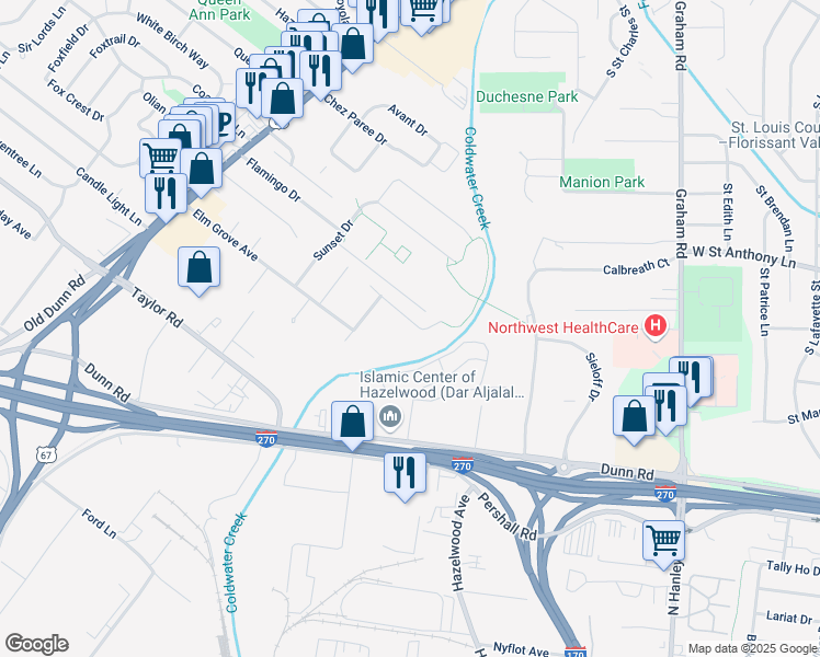 map of restaurants, bars, coffee shops, grocery stores, and more near 124 Foxtree Drive in Hazelwood