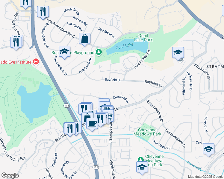 map of restaurants, bars, coffee shops, grocery stores, and more near 3602 Trailbluff Place in Colorado Springs