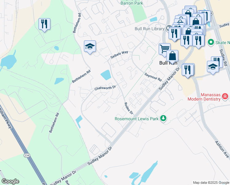 map of restaurants, bars, coffee shops, grocery stores, and more near 8115 Bayonet Way in Manassas