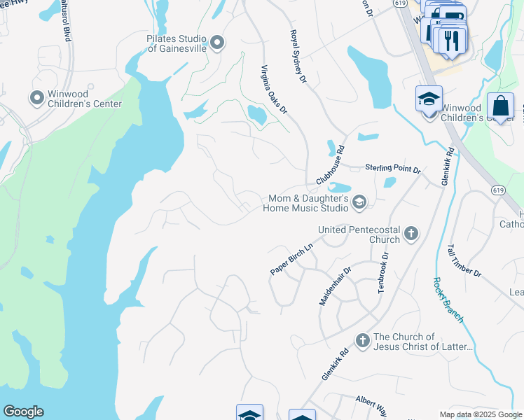 map of restaurants, bars, coffee shops, grocery stores, and more near 14257 Clubhouse Road in Gainesville