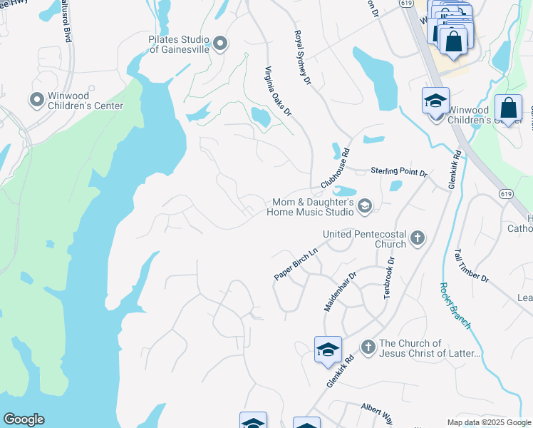 map of restaurants, bars, coffee shops, grocery stores, and more near 14257 Clubhouse Road in Gainesville