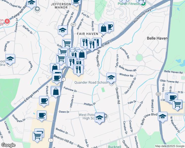 map of restaurants, bars, coffee shops, grocery stores, and more near 1714 Memphis Street in Alexandria