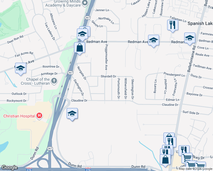map of restaurants, bars, coffee shops, grocery stores, and more near 11560 Asheboro Drive in St. Louis