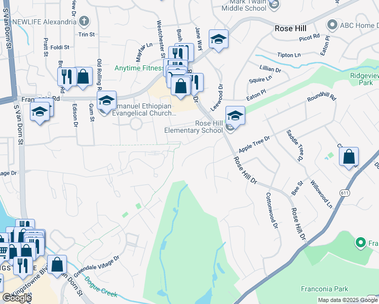 map of restaurants, bars, coffee shops, grocery stores, and more near 5004 Treetop Lane in Alexandria