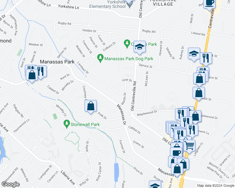map of restaurants, bars, coffee shops, grocery stores, and more near 107 Lambert Drive in Manassas Park