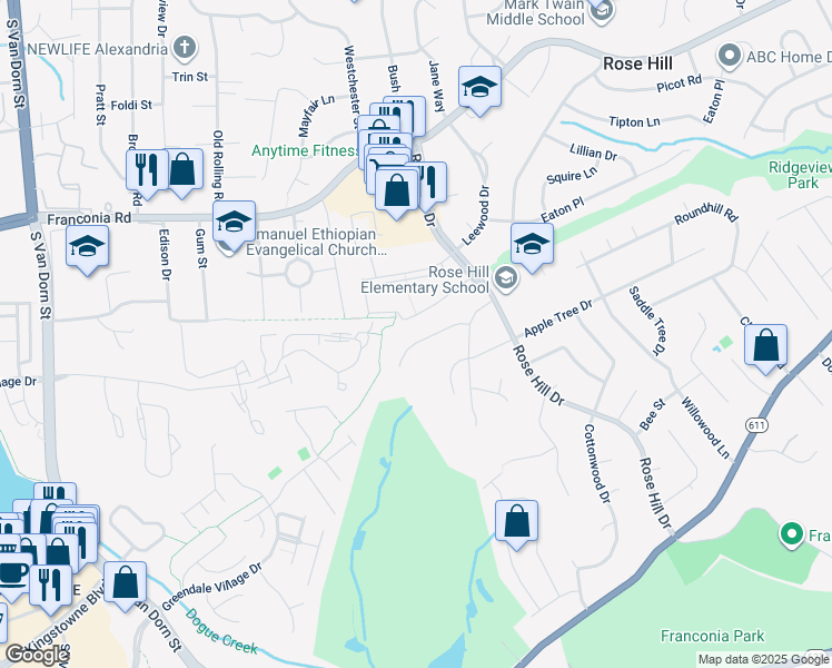 map of restaurants, bars, coffee shops, grocery stores, and more near 5004 Treetop Lane in Alexandria