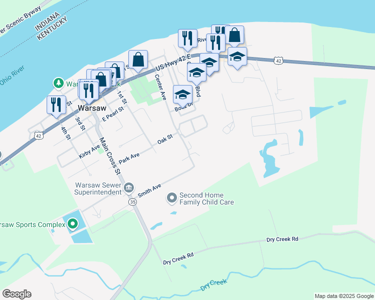 map of restaurants, bars, coffee shops, grocery stores, and more near 408 Center Avenue in Warsaw