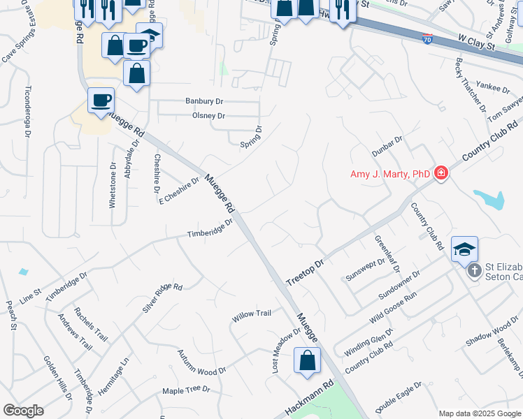 map of restaurants, bars, coffee shops, grocery stores, and more near 612 Timberidge Drive in Saint Charles