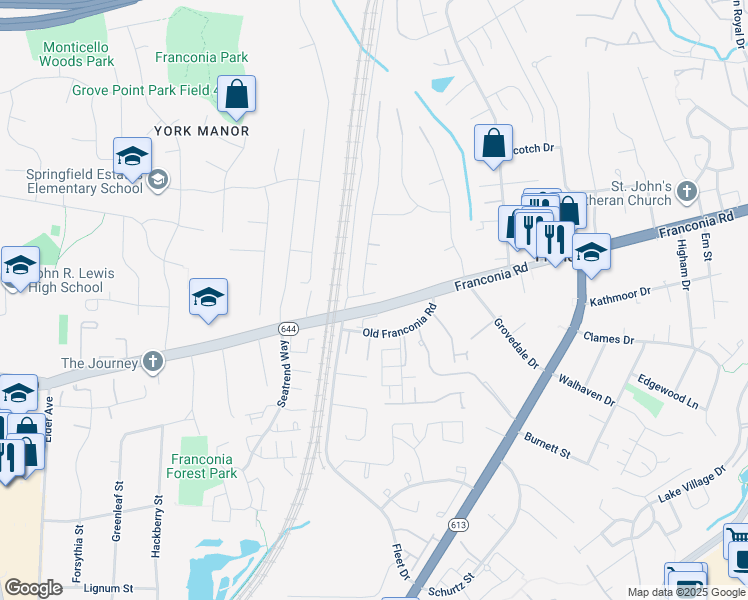 map of restaurants, bars, coffee shops, grocery stores, and more near 6255 Franconia Station Court in Alexandria