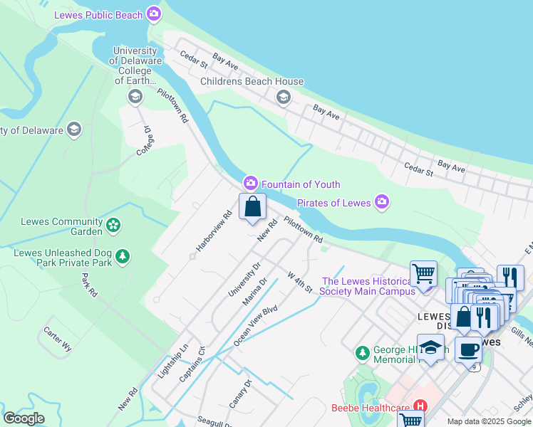 map of restaurants, bars, coffee shops, grocery stores, and more near 510 Pilottown Road in Lewes