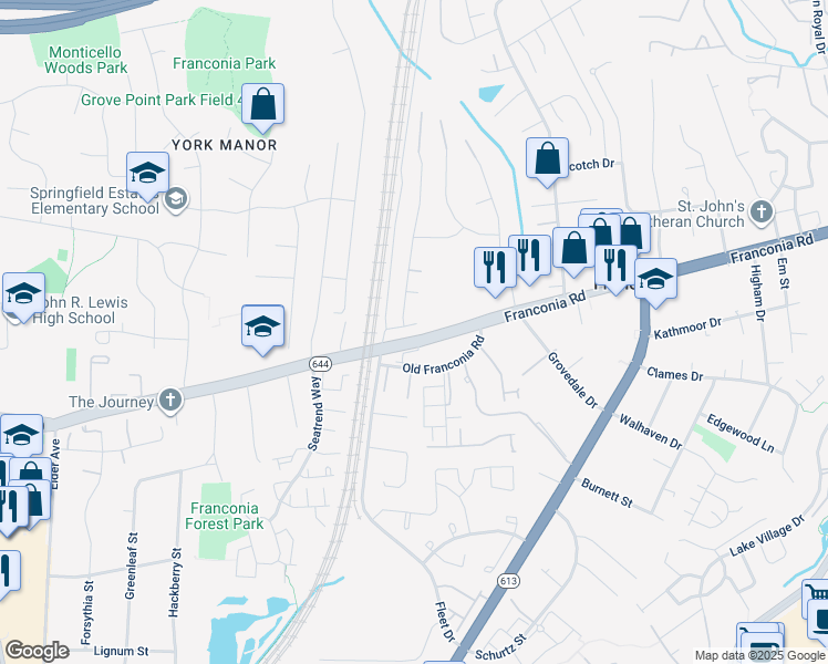 map of restaurants, bars, coffee shops, grocery stores, and more near 6255 Franconia Station Court in Alexandria