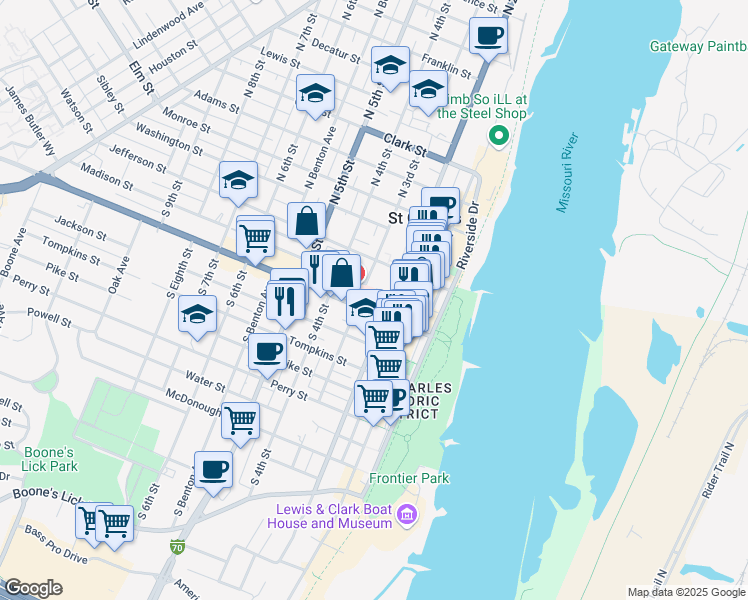 map of restaurants, bars, coffee shops, grocery stores, and more near 300 1st Capitol Drive in Saint Charles
