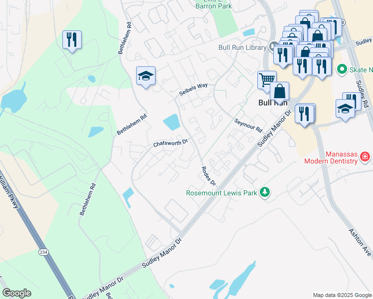 map of restaurants, bars, coffee shops, grocery stores, and more near 8115 Bayonet Way in Manassas