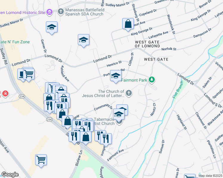 map of restaurants, bars, coffee shops, grocery stores, and more near 8031 Urbanna Road in Manassas