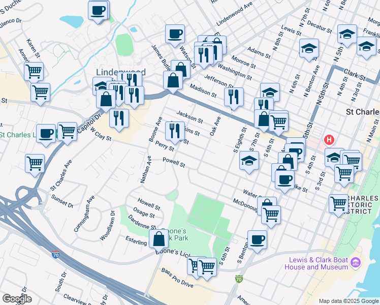 map of restaurants, bars, coffee shops, grocery stores, and more near 1041 Pike Street in Saint Charles
