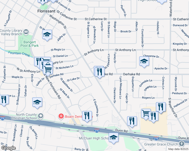 map of restaurants, bars, coffee shops, grocery stores, and more near 2035 Washington St in Florissant