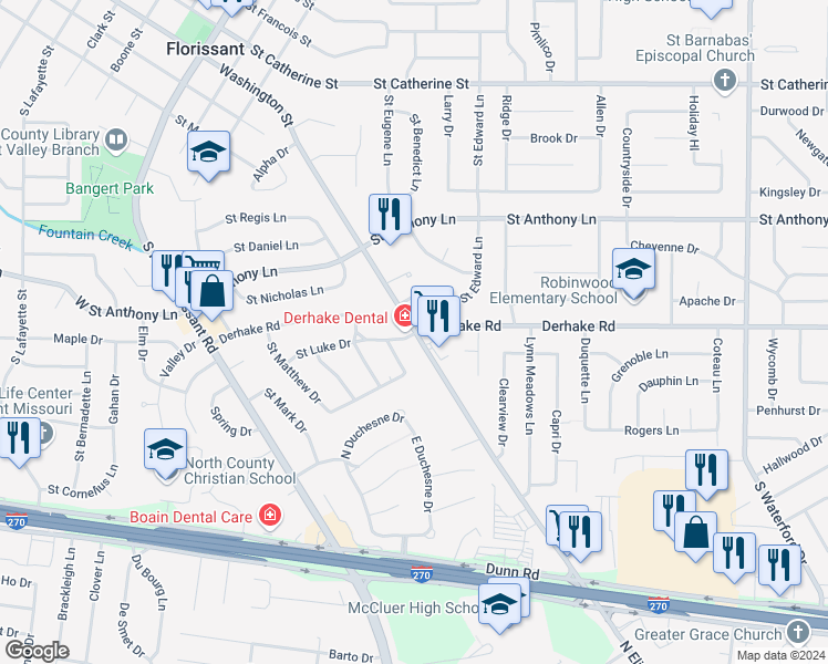 map of restaurants, bars, coffee shops, grocery stores, and more near 2020 Washington St in Florissant