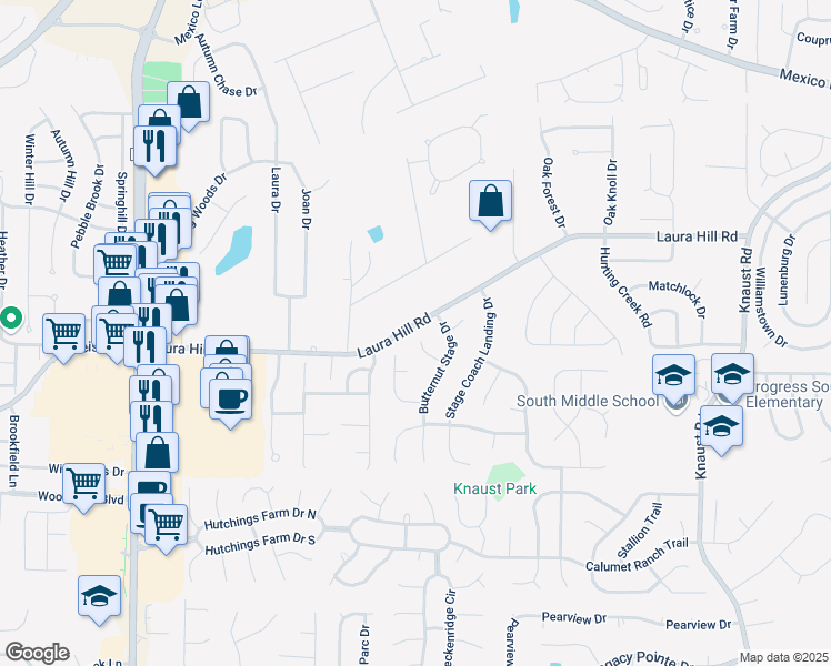 map of restaurants, bars, coffee shops, grocery stores, and more near 105 Butternut Stage Drive in St. Peters