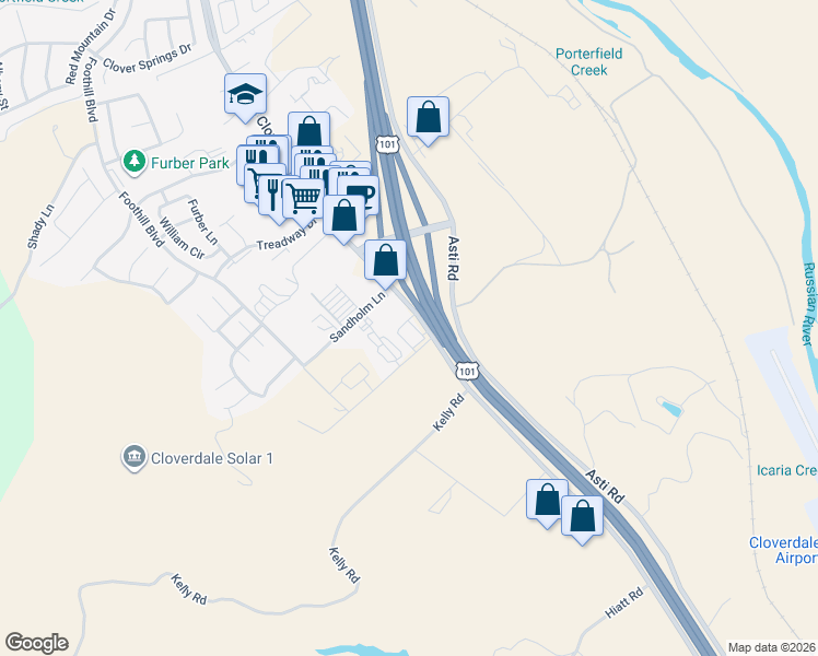 map of restaurants, bars, coffee shops, grocery stores, and more near 1313 South Cloverdale Boulevard in Cloverdale
