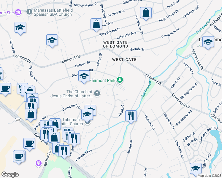 map of restaurants, bars, coffee shops, grocery stores, and more near 9810 Fairmont Avenue in Manassas