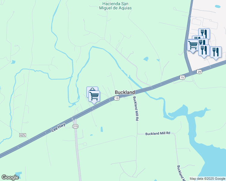 map of restaurants, bars, coffee shops, grocery stores, and more near 16250 Lee Highway in Gainesville
