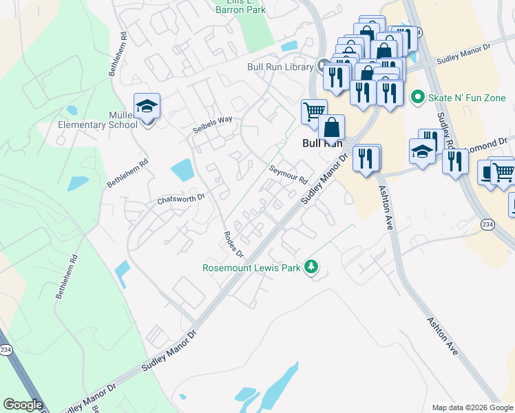 map of restaurants, bars, coffee shops, grocery stores, and more near 8098 Ravens Crest Court in Manassas