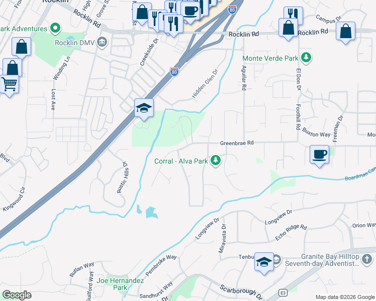 map of restaurants, bars, coffee shops, grocery stores, and more near 4478 Greenbrae Road in Rocklin