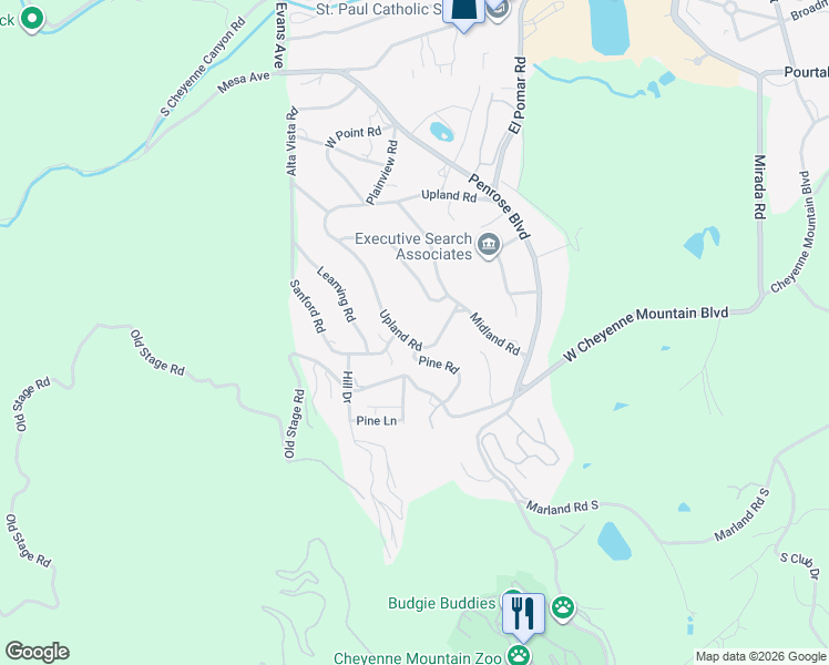 map of restaurants, bars, coffee shops, grocery stores, and more near 53 Upland Road in Colorado Springs