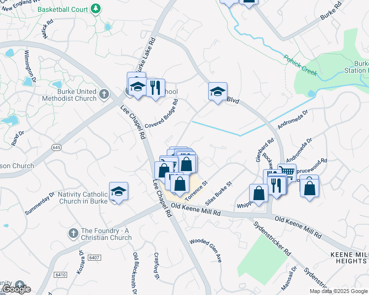map of restaurants, bars, coffee shops, grocery stores, and more near 9516 Orion Court in Burke