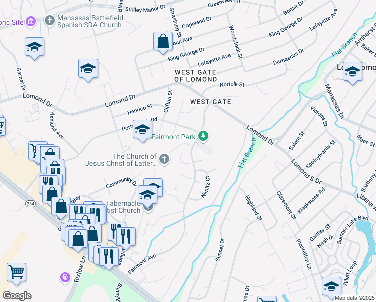 map of restaurants, bars, coffee shops, grocery stores, and more near 9810 Fairmont Avenue in Manassas