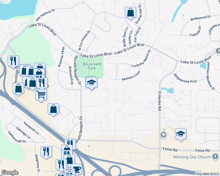 map of restaurants, bars, coffee shops, grocery stores, and more near 1515 Village Green Drive in Lake Saint Louis