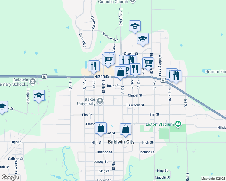 map of restaurants, bars, coffee shops, grocery stores, and more near 700 Chapel Street in Baldwin City