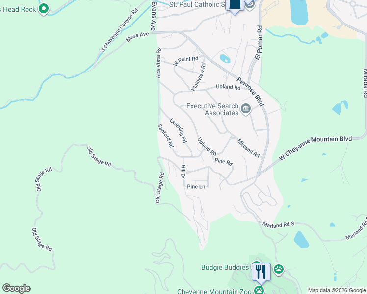 map of restaurants, bars, coffee shops, grocery stores, and more near 24 Leaming Road in Colorado Springs