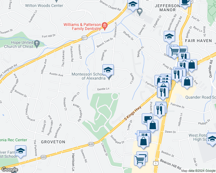 map of restaurants, bars, coffee shops, grocery stores, and more near 6268 Gentle Lane in Alexandria