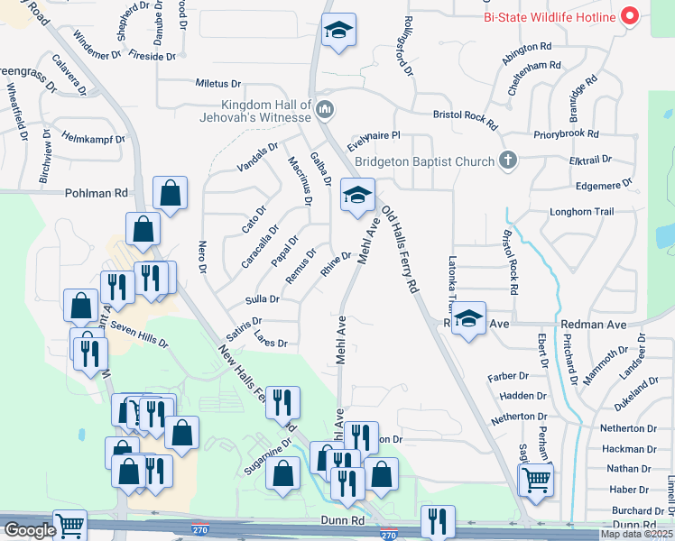 map of restaurants, bars, coffee shops, grocery stores, and more near 4468 Rhine Drive in Florissant