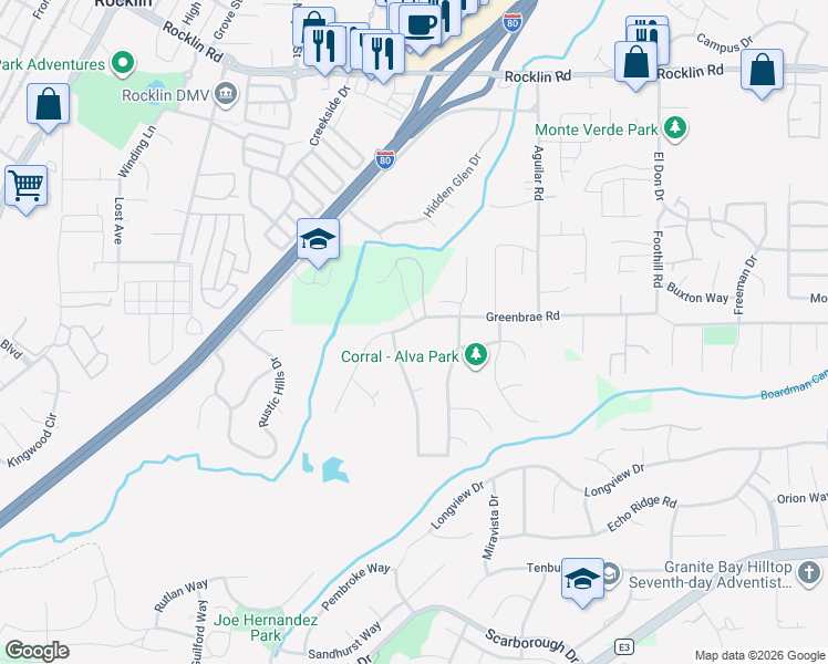 map of restaurants, bars, coffee shops, grocery stores, and more near 4478 Greenbrae Road in Rocklin