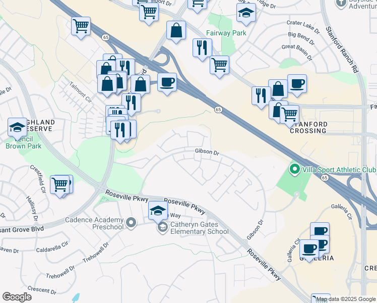 map of restaurants, bars, coffee shops, grocery stores, and more near 700 Gibson Drive in Roseville