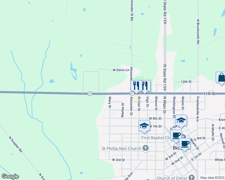 map of restaurants, bars, coffee shops, grocery stores, and more near 80 Fairview Drive in Bicknell