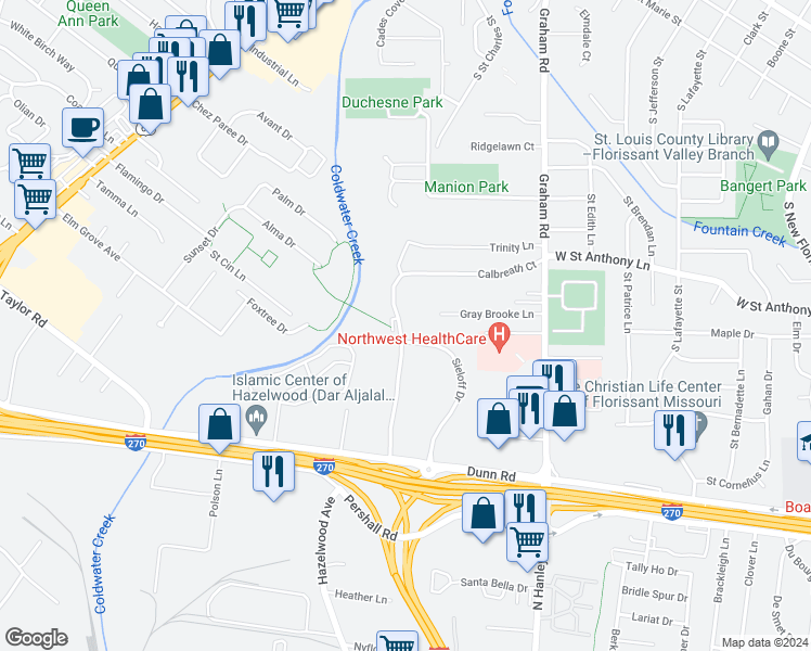 map of restaurants, bars, coffee shops, grocery stores, and more near 7536 Hazelcrest Drive in Hazelwood