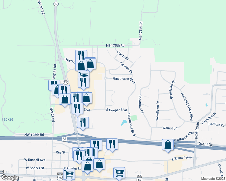 map of restaurants, bars, coffee shops, grocery stores, and more near 63 Hawthorne Boulevard in Warrensburg