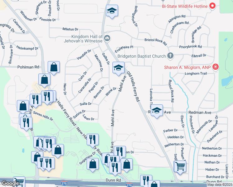 map of restaurants, bars, coffee shops, grocery stores, and more near 11625 Mehl Avenue in Florissant