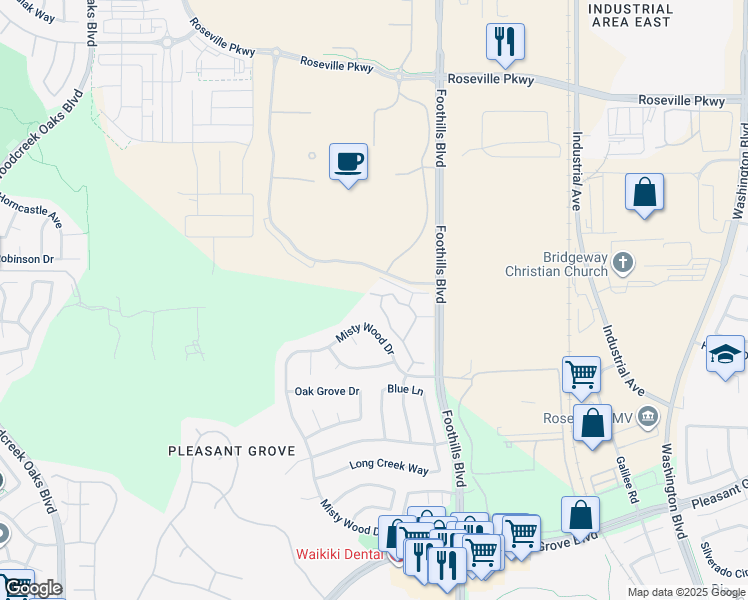 map of restaurants, bars, coffee shops, grocery stores, and more near 7950 Foothills Boulevard in Roseville