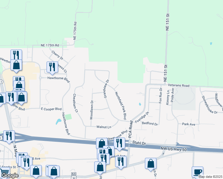 map of restaurants, bars, coffee shops, grocery stores, and more near 1427 Northfield Park Boulevard in Warrensburg
